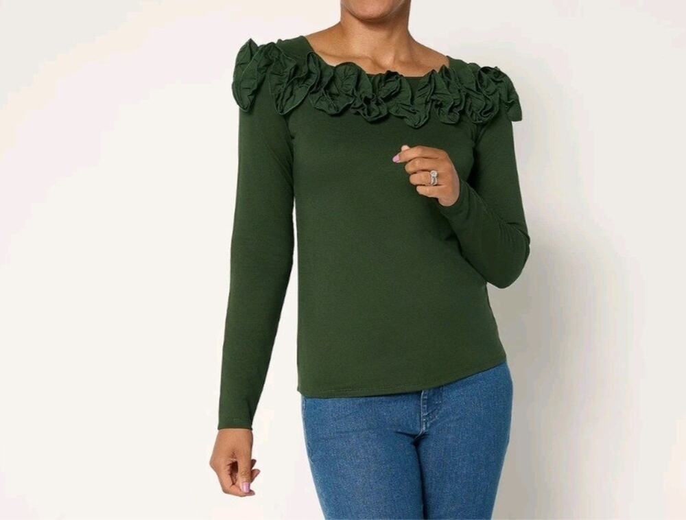 BEAUTIFUL Lawrence Zarian Small Green Silky Ponte Top RosetteDetail A630468 NWOT